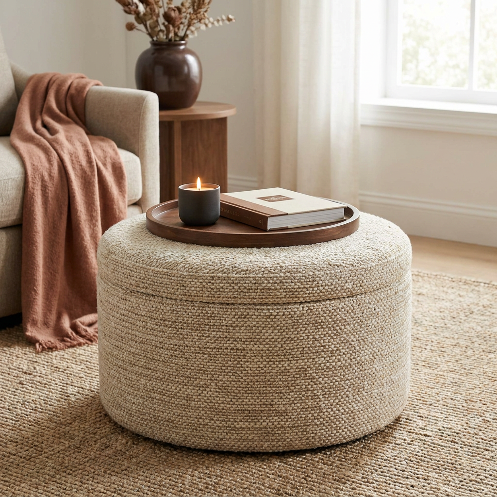 Oversized Woven Boucle Ottoman Pouf